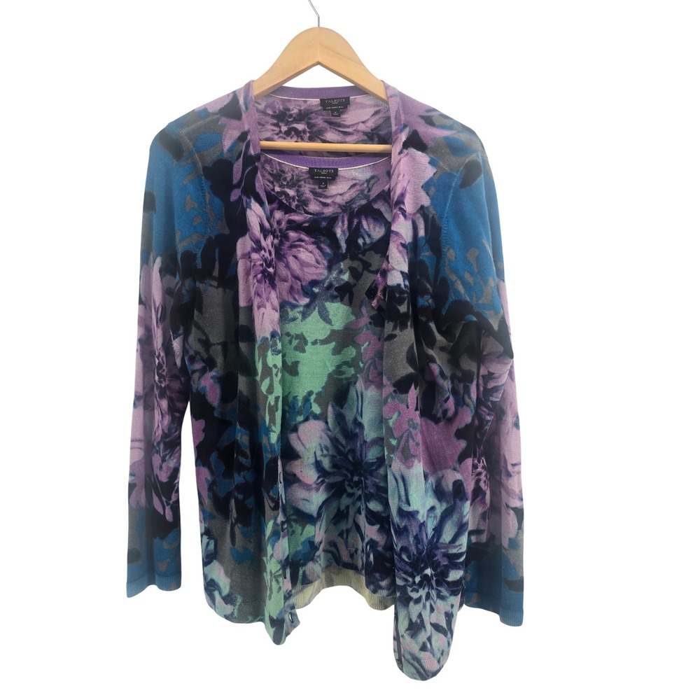 Talbots Merino Wool Cardigan Set Womens X Floral Purple Blue Twin Set EUC
